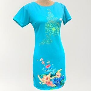 Zara Floral Print Mini Sheath Dress Tropical Turquoise Blue Size Medium